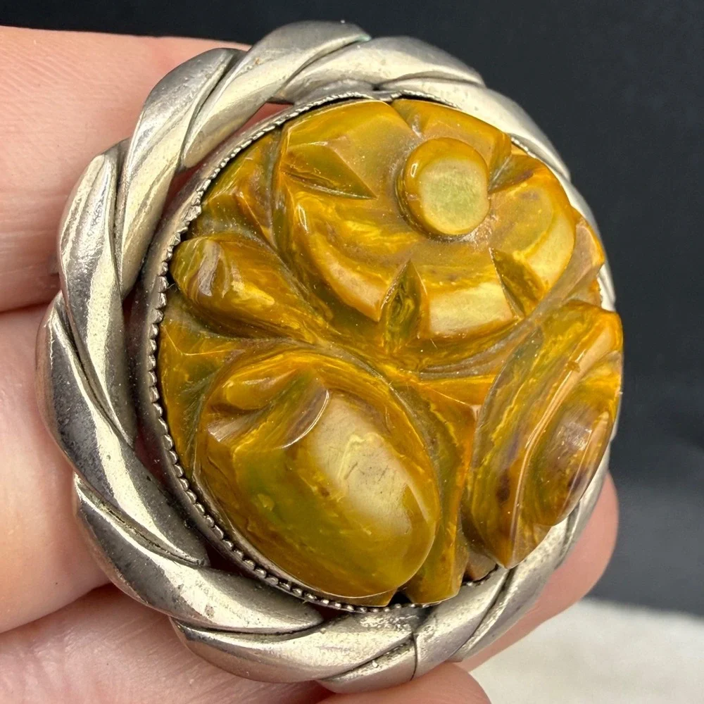 Vintage Bakelite Brooch Carved Green Silver Tone Flower